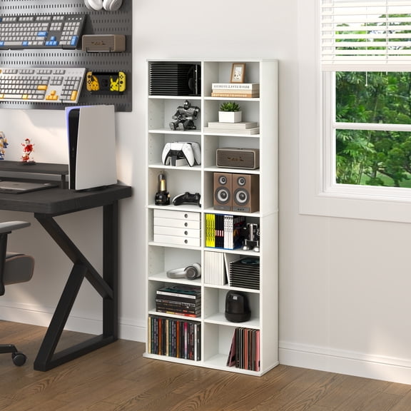 HOMLUX 23.6"W 2*8-Tier CD Rack with Adjustable Shelves, Media Storage Cabinet for DVD Blu-ray PS5 Xbox Game Disc, Easy Assembly, White