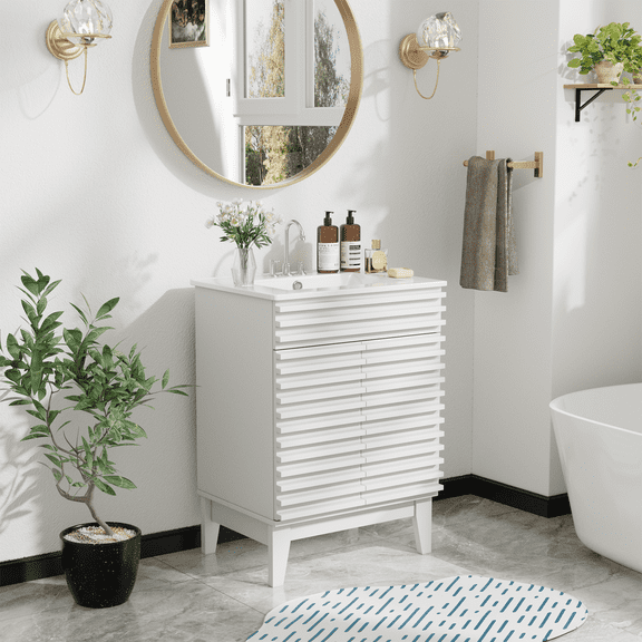 HOMLUX 24 in White Polar Wood Unassembled Freestanding Bathroom Vanity Cabinet with Ceramic Sink Bath Storage Vanity Without Countertop Top