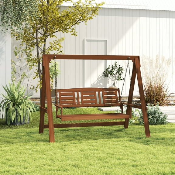 HOMLUX 3-Seater Outdoor Porch Swing with Chains, Meranti Hardwood Hanging Bench, Teak-Oil Finish