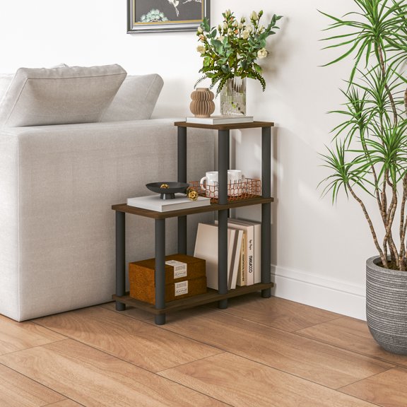 HOMLUX 3-Tier 19.88" L-Shaped Corner Shelf, Open Shelves for Display and Storage, Perfect for Living Room and Office Organization, Columbia Walnut & Black