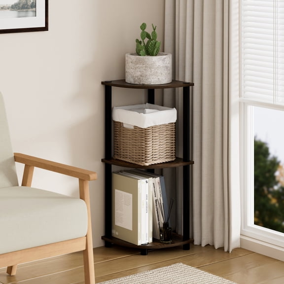 HOMLUX 3-Tier 30" Wooden Round Corner Shelf for Living Room, Office, Amber Pine & Black