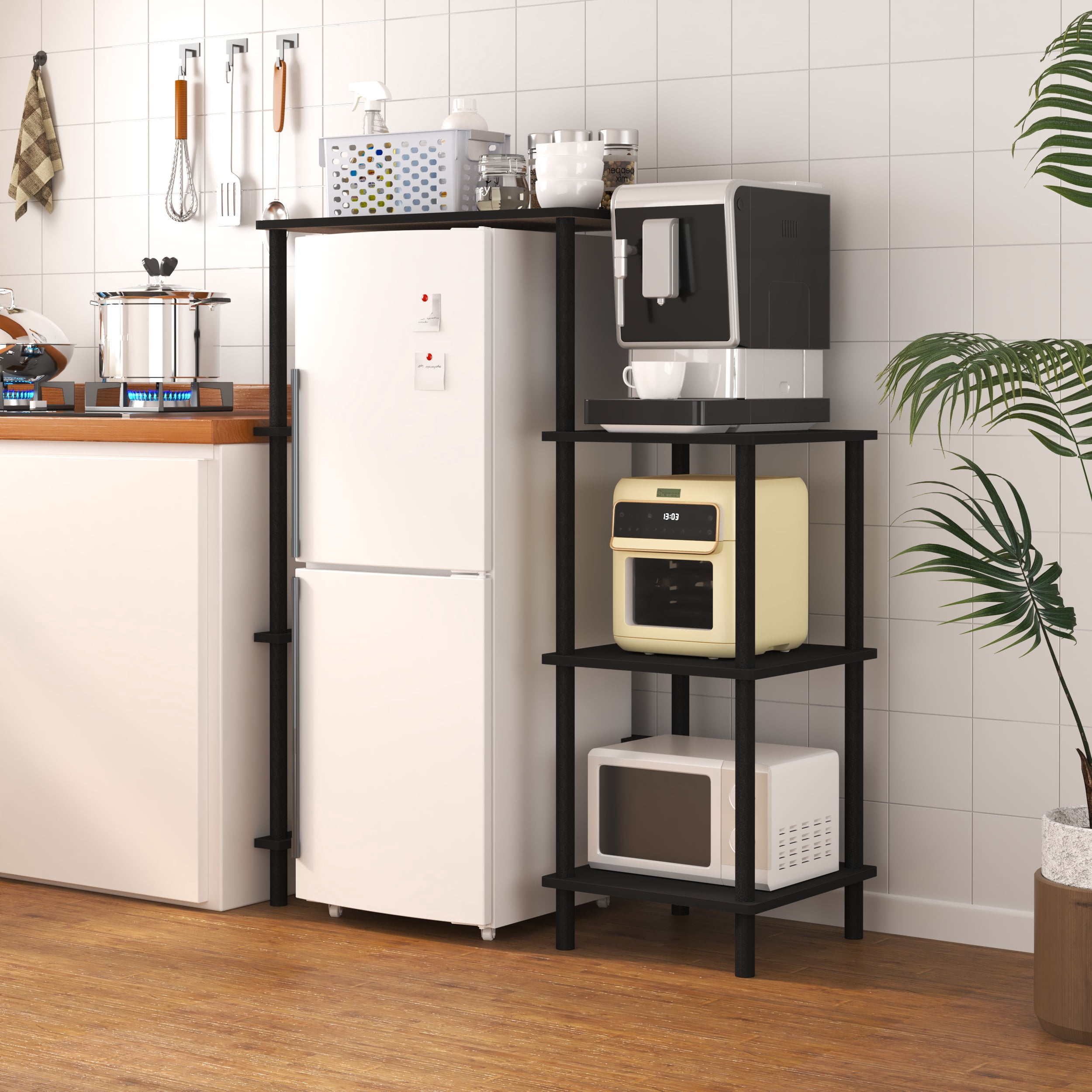 HOMLUX 4-Tier Coffee Bar Bakers Rack with Mini Fridge Stand, Wood Kitchen Storage Shelf Microwave Stand, Easy Assembly, Americano