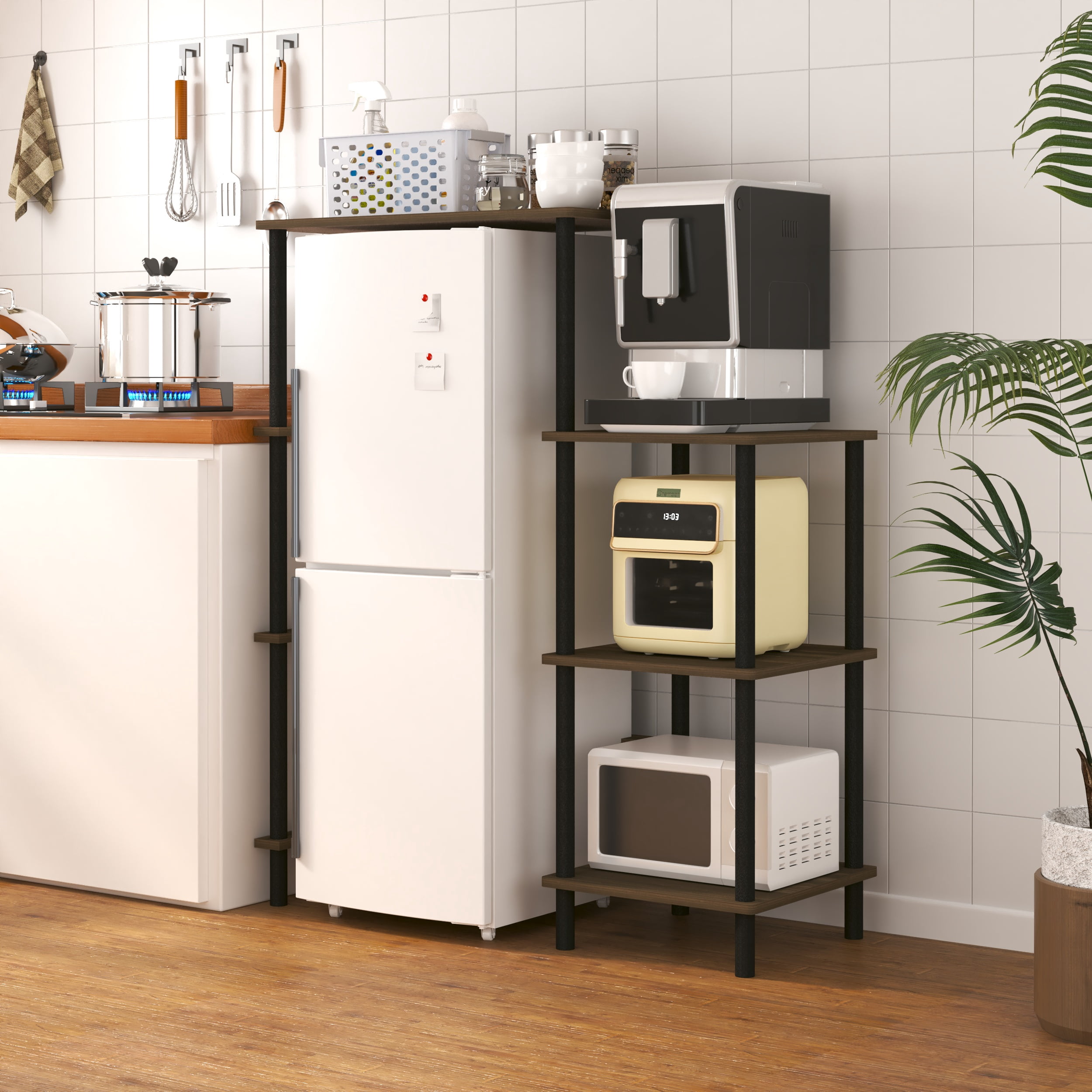 HOMLUX 4-Tier Coffee Bar Bakers Rack with Mini Fridge Stand, Wood Kitchen Storage Shelf Microwave Stand, Easy Assembly, Gray