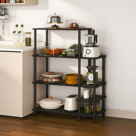 HOMLUX 4-Tier Toolless Kitchen Storage Shelf Cart, Rolling Pantry Cart with Side Shelf, Microwave & Coffee Bar Organizer, Americano