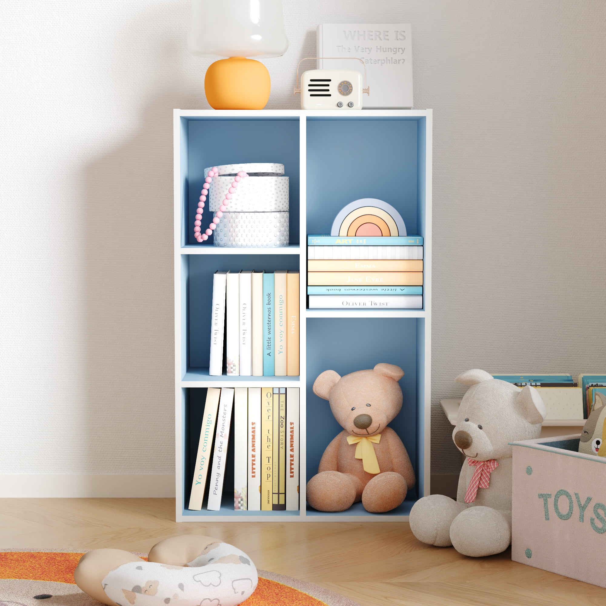 HOMLUX 5-Cube 31.5" Wooden Reversible Open Bookcase for Office, Living Room, White & Light Blue