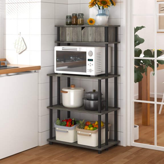 HOMLUX 5-Tier Coffee Bar Bakers Rack with Top Cabinet, Engineered Wood Kitchen Storage Shelf Pantry Organizer, Tool-Free, Gray