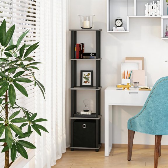 HOMLUX 5-Tier Open Shelf Bookcase, Compact Storage Bookshelf with Bin for Living Room Bedroom Office, Frenc Oak Grey & Black