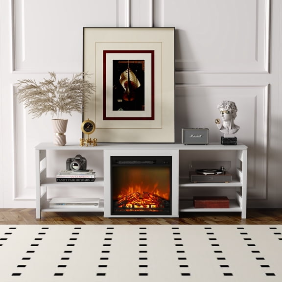 HOMLUX 63" Fireplace TV Stand with 18.1" Electric Heater, Fits TVs up to 75", 4 Open Back Grid Cabinet, for Living Room