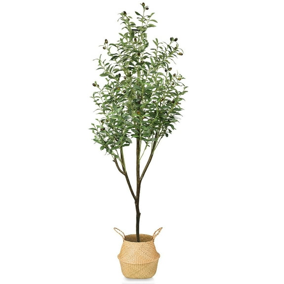 HOMLUX  6ft Artificial Olive Tree with Woven Seagrass Plant Basket