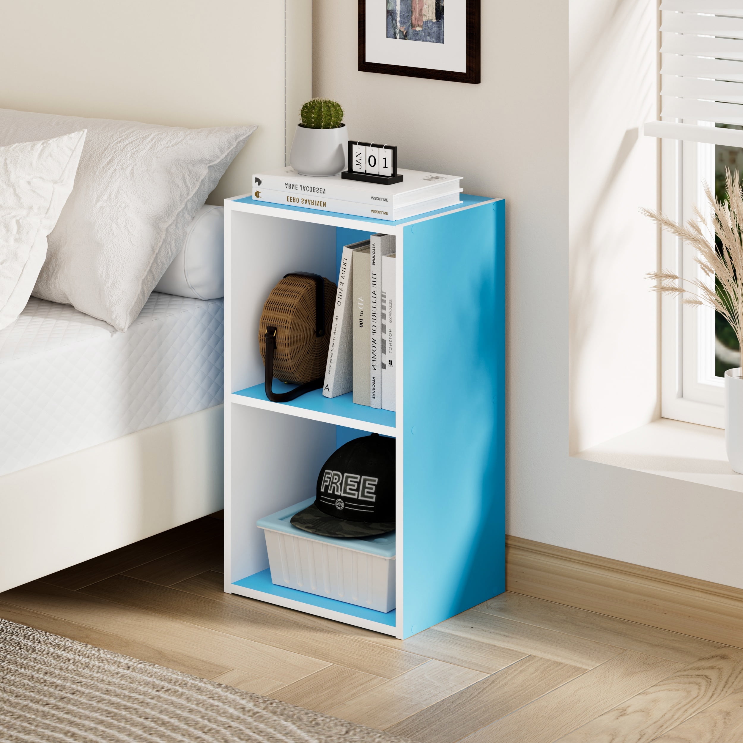 HOMLUX 9" x 12" x 21" Storage Shelf 2 Tier Cube Bookcase, Suitable for Small Space, White & Blue