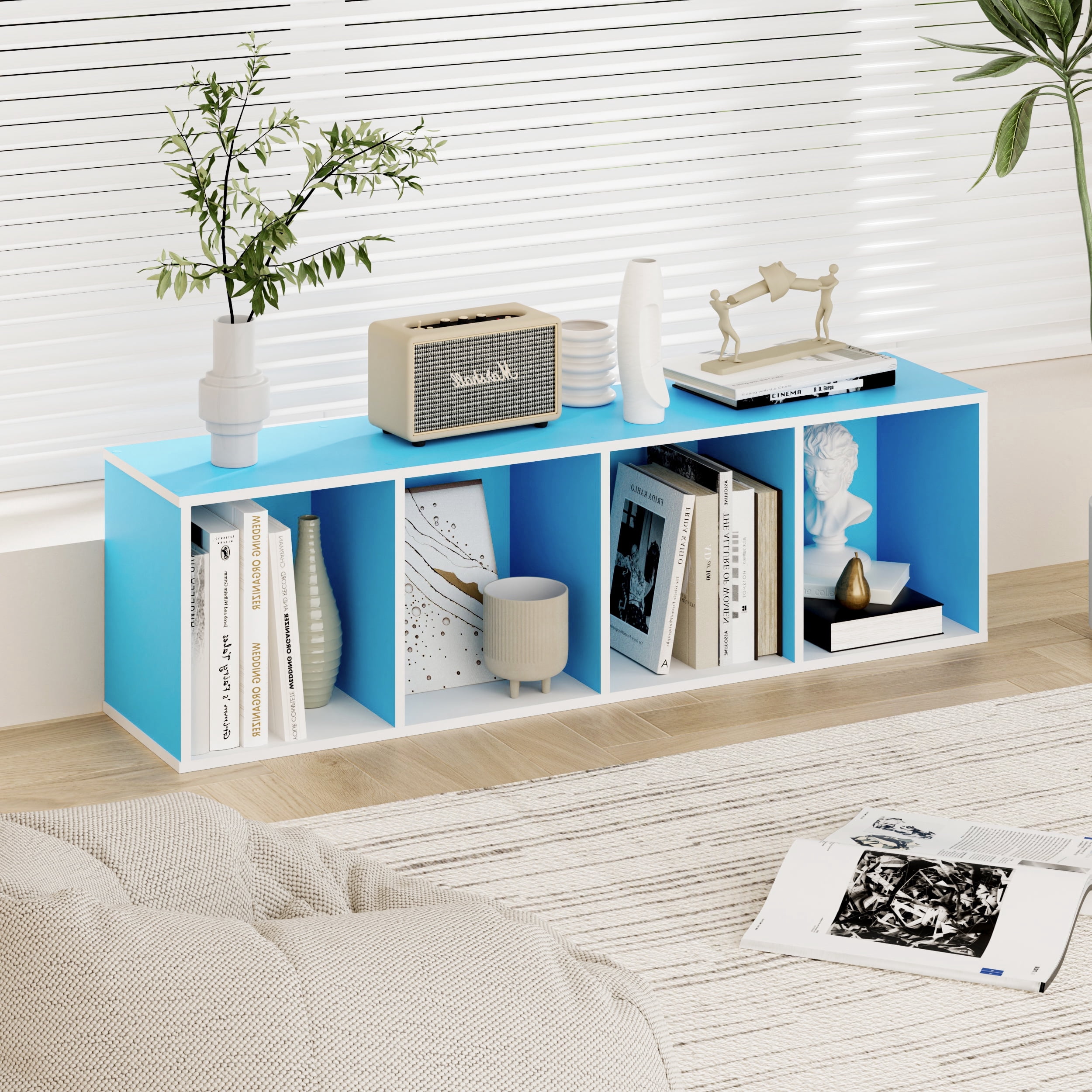 HOMLUX 9" x 12" x 42" Storage Shelf 4 Tier Cube Bookcase, Suitable for Small Space, White & Blue