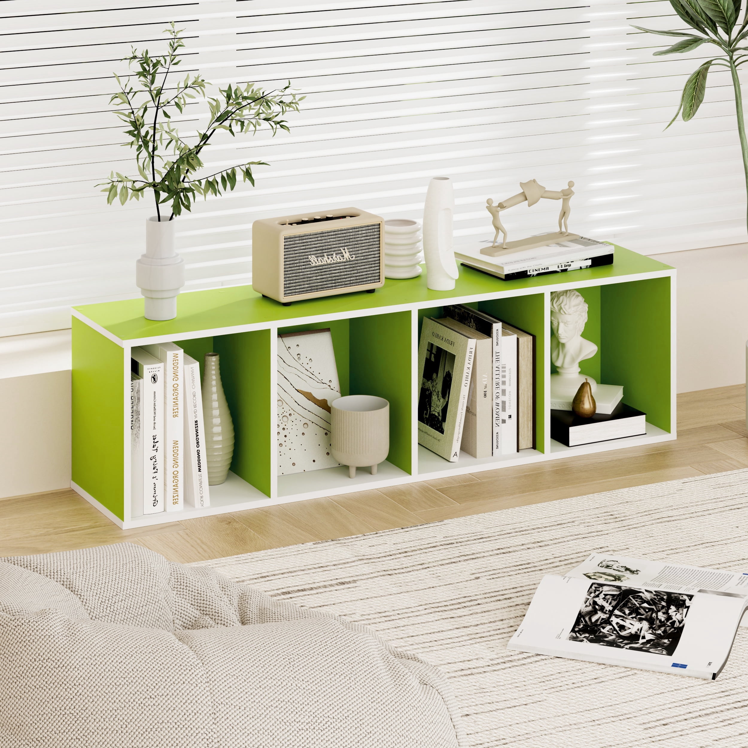 HOMLUX 9" x 12" x 42" Storage Shelf 4 Tier Cube Bookcase, Suitable for Small Space, White & Green