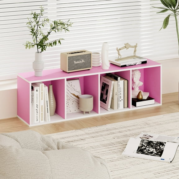 HOMLUX 9" x 12" x 42" Storage Shelf 4 Tier Cube Bookcase, Suitable for Small Space, White & Pink