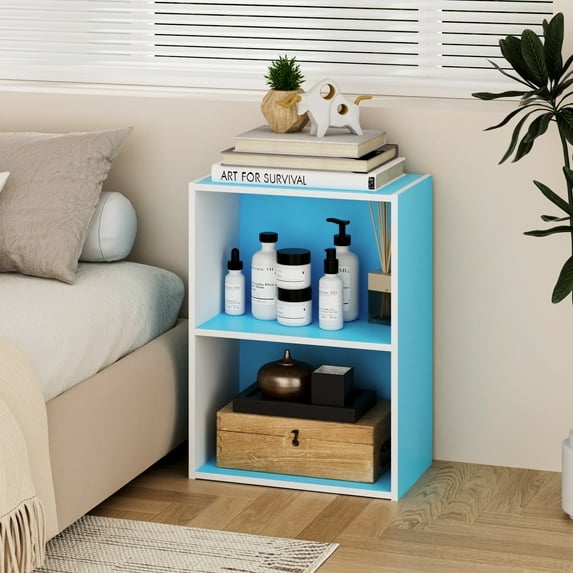 HOMLUX 9" x 16" x 21" Storage Shelf 2 Tier Cube Bookcase, Suitable for Small Space, White & Blue