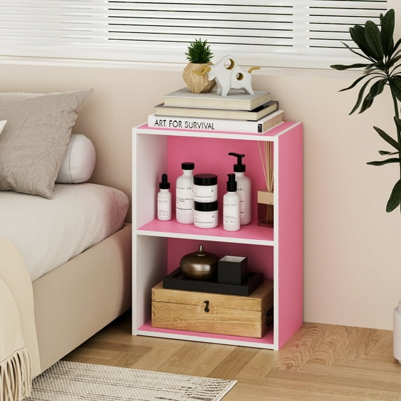 HOMLUX 9" x 16" x 21" Storage Shelf 2 Tier Cube Bookcase, Suitable for Small Space, White & Pink