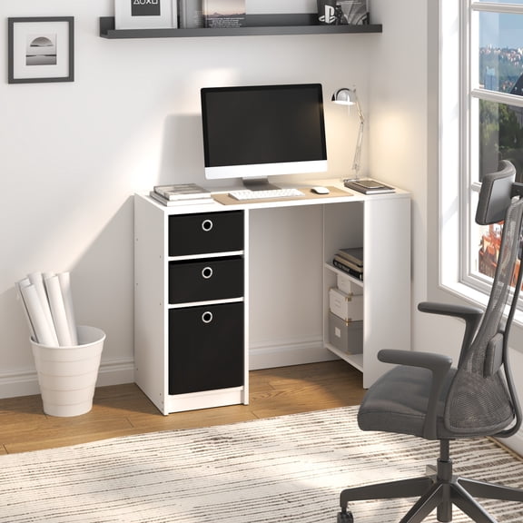 HOMLUX Compact Computer Study Desk Writing Table with Storage Bins for Small Space, White/Black