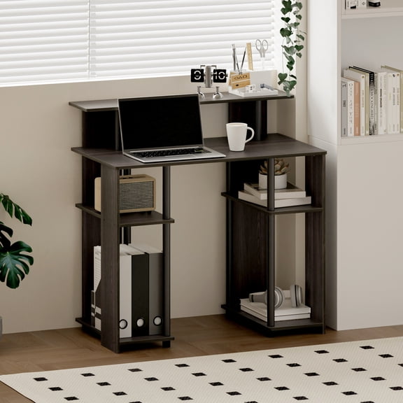 HOMLUX Compact Computer Writing Desk with Raised Shelf & Open Storage for Small Home Office, Walnut/Black