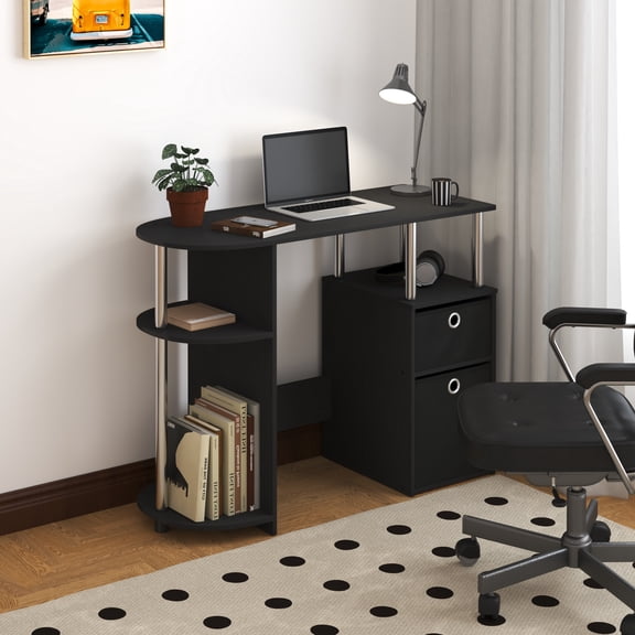 HOMLUX Computer Desk with Keyboard Tray & Open Shelves for Compact Home Office, Americano/Chrome