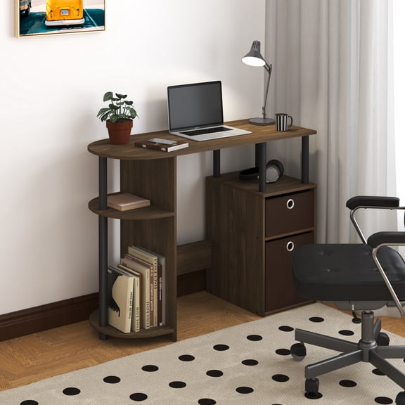 HOMLUX Computer Desk with Keyboard Tray & Open Shelves for Compact Home Office, Columbia Walnut/Black/Dark Brown