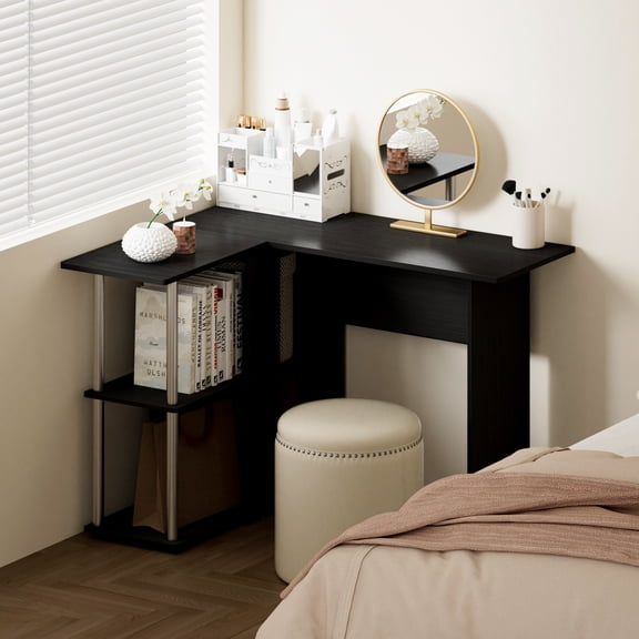 HOMLUX L-Shape Computer Desk Office Table for Space-Saving Home Office & Living Room Storage, Americano/ Chrome
