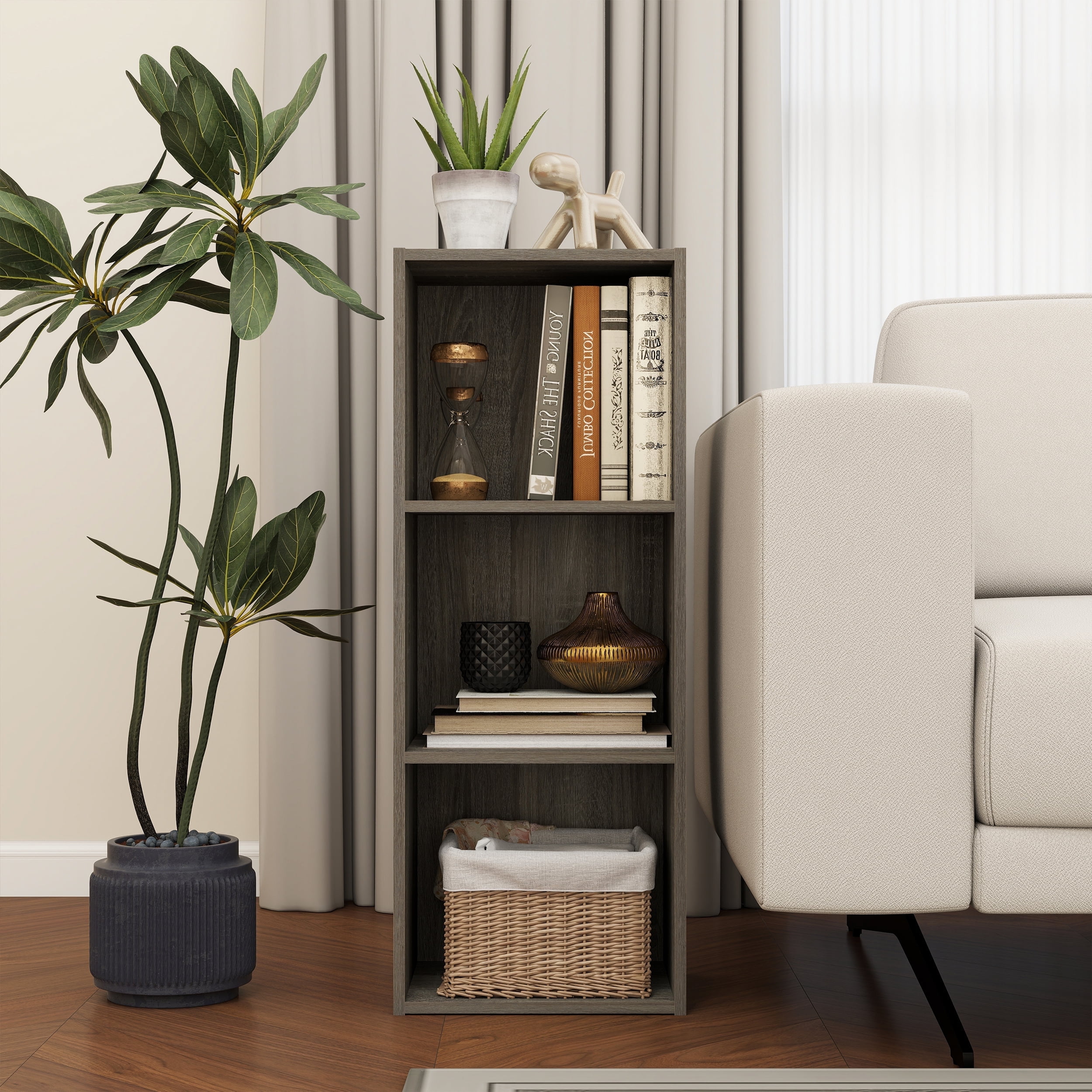 HOMLUX Luder 3-Tier Cube 31.5" Bookcase, Wood Storage Shelf, Small Bookshelf for Home Office & Bedroom, Gray