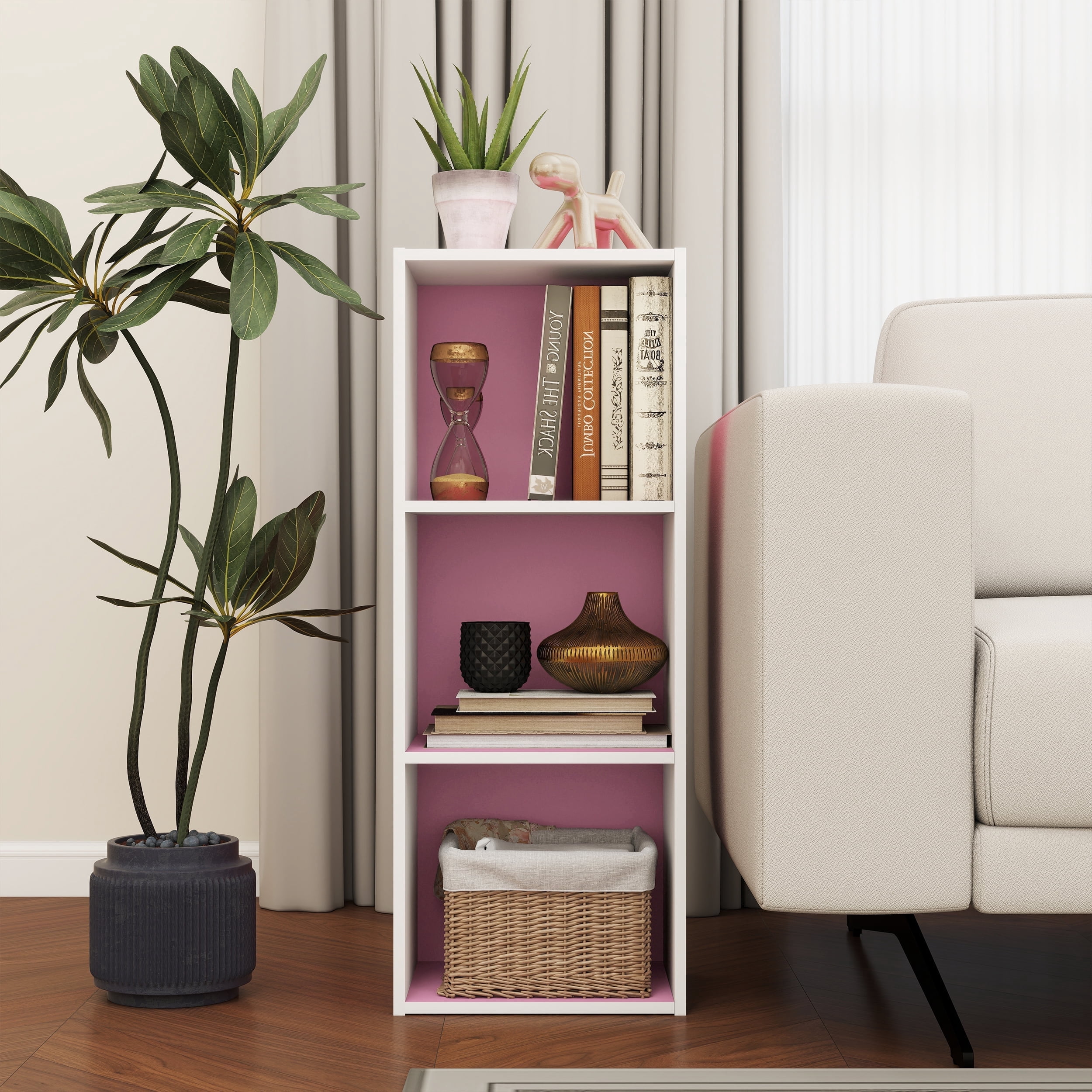 HOMLUX Luder 3-Tier Cube 31.5" Bookcase, Wood Storage Shelf, Small Bookshelf for Home Office & Bedroom, White & Pink
