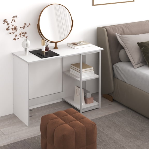 HOMLUX Modern Computer Desk Office Table with Side Storage Shelves Compact Home Office Workstation, White