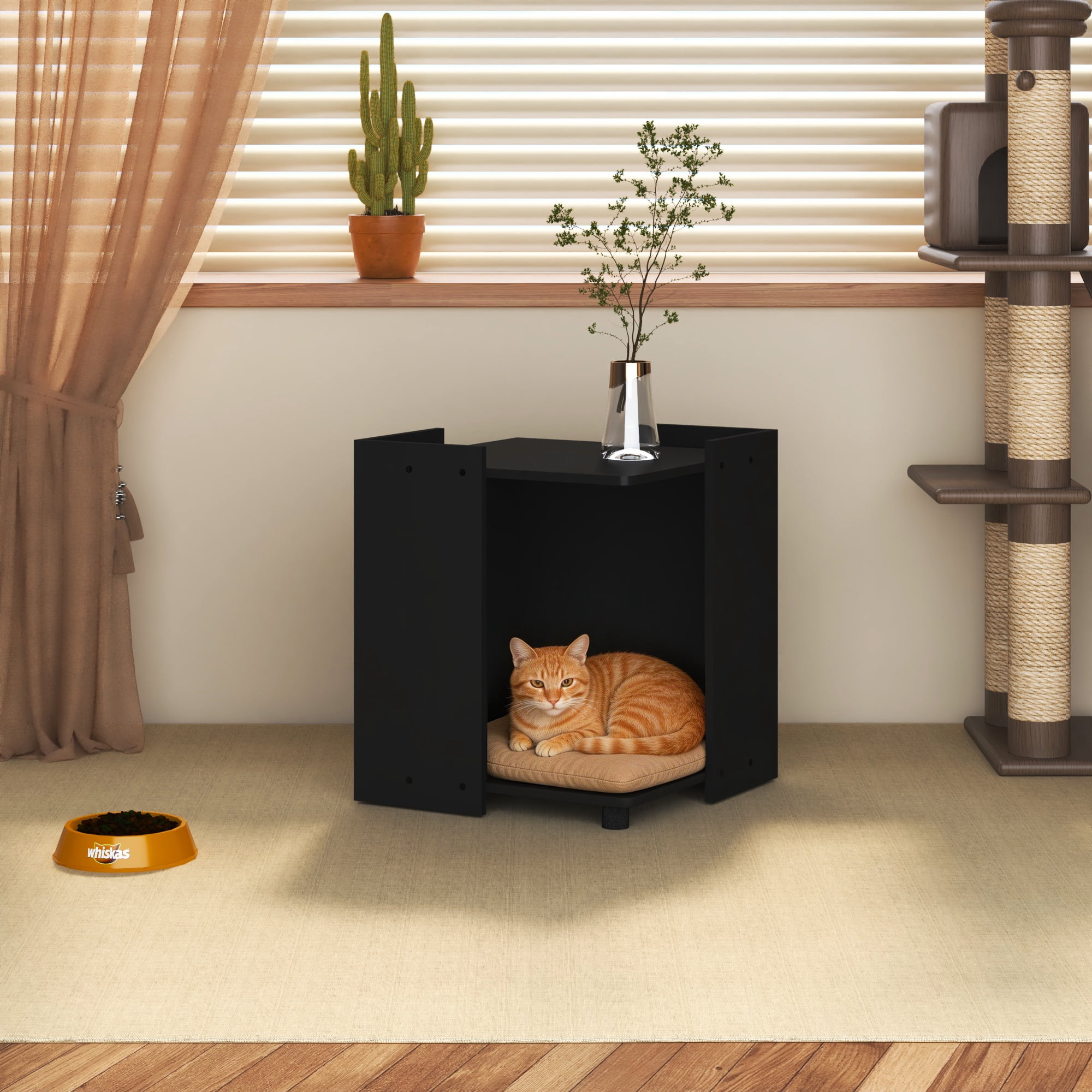 HOMLUX Modern Square Cat Litter Box Enclosure with Open Shelf, Hidden Pet House Furniture, 35 lbs Capacity, Black