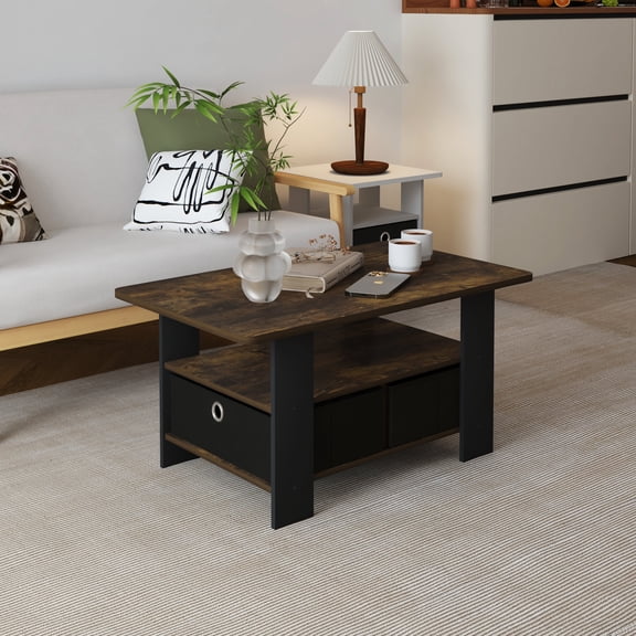 HOMLUX Modern Wood Storage Tea Table Coffee Table with Shelf & Bin Drawer for Small Space Living Room, Amber Pine/Black