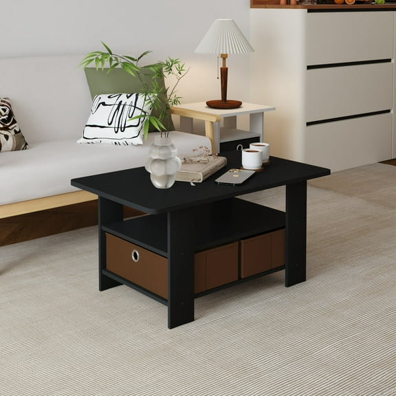 HOMLUX Modern Wood Storage Tea Table Coffee Table with Shelf & Bin Drawer for Small Space Living Room, Americano/Medium Brown