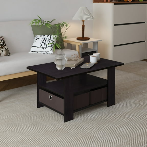 HOMLUX Modern Wood Storage Tea Table Coffee Table with Shelf & Bin Drawer for Small Space Living Room, Dark Walnut