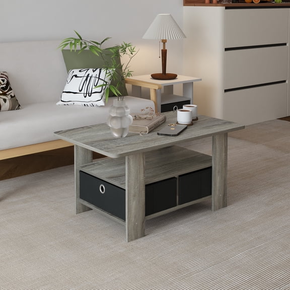 HOMLUX Modern Wood Storage Tea Table Coffee Table with Shelf & Bin Drawer for Small Space Living Room, French Oak Grey/Black