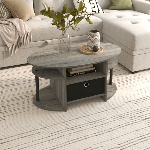 HOMLUX Modern Wood Storage Tea Table Coffee Table with Shelves & Bin Drawer for Small Space Living Room, French Oak Grey/Black