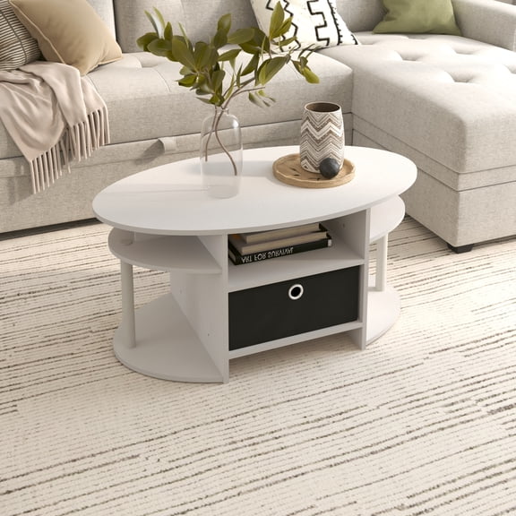 HOMLUX Modern Wood Storage Tea Table Coffee Table with Shelves & Bin Drawer for Small Space Living Room, White/Black
