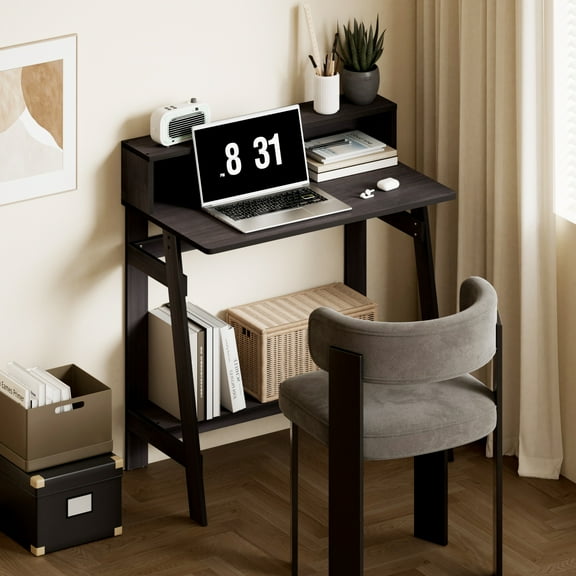 HOMLUX Simplistic A-Frame Computer Desk Writing Desk for Home Office or Small Space with Hutch, Dark Walnut