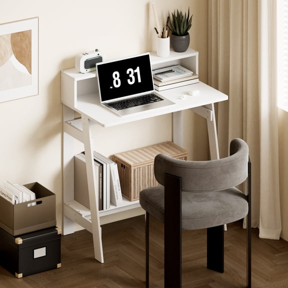 HOMLUX Simplistic A-Frame Computer Desk Writing Desk for Home Office or Small Space with Hutch, White