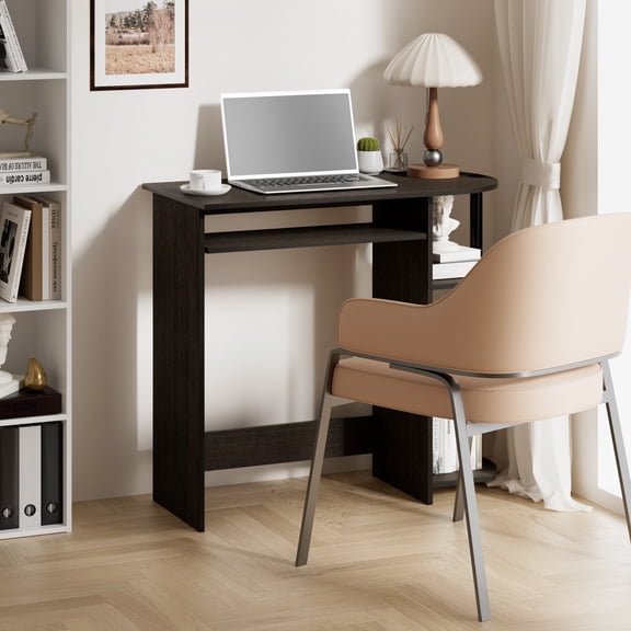 HOMLUX Simplistic Computer Desk Modern Small-Space Home Office Table with Keyboard Tray & Side Shelf, Dark Brown/Black