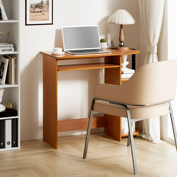 HOMLUX Simplistic Computer Desk Modern Small-Space Home Office Table with Keyboard Tray & Side Shelf, Light Cherry/Black