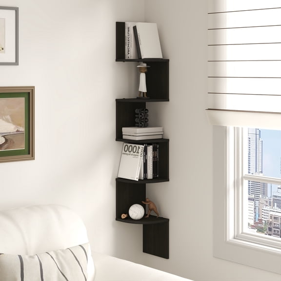 HOMLUX Wall Mount Floating Corner Shelf, 5-Tier Radial Set of 1, Modern Zigzag Corner Shelves for Bedroom, Bathroom & Living Room, Espresso