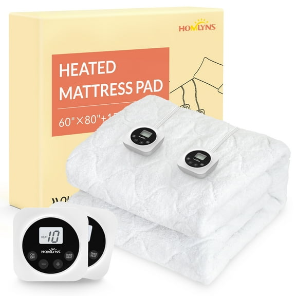 HOMLYNS Queen Size Electric Heated Mattress Pad - Zoned Dual Control 10 Heat Levels & 1-12H Timer