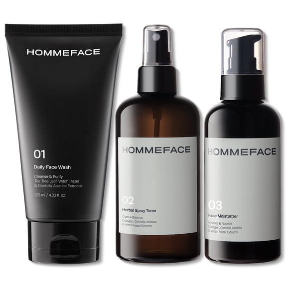 HOMMEFACE Daily Trio Skin Care Set for Men with Face Wash, Toner, Moisturizer, Paraben-Free, Natural, Non-Irritating, 3 Piece Set