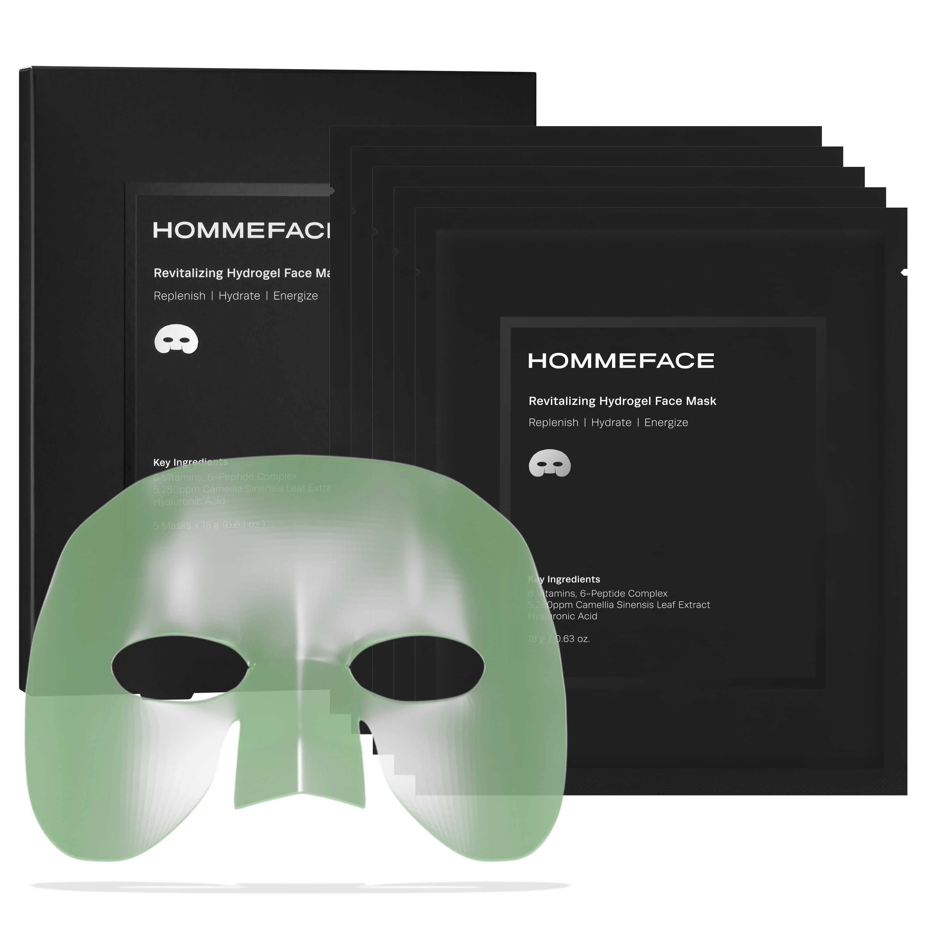 HOMMEFACE Revitalizing Hydrogel Facial Mask Set for Men (5ct) - Hydrating, Anti-aging & Soothing Face Sheet Mask with Hyaluronic Acid, Vitamin B, C, E & Peptides, Beard-Friendly