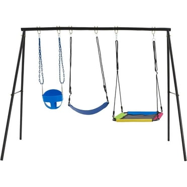 HOMMOW 3 Seats Swing Sets for Backyard, 1 Saucer Swing, 1 Belt Swing and 1 Baby Swing, Heavy Duty Outdoor Playset for Kids, Holds Over 500lbs