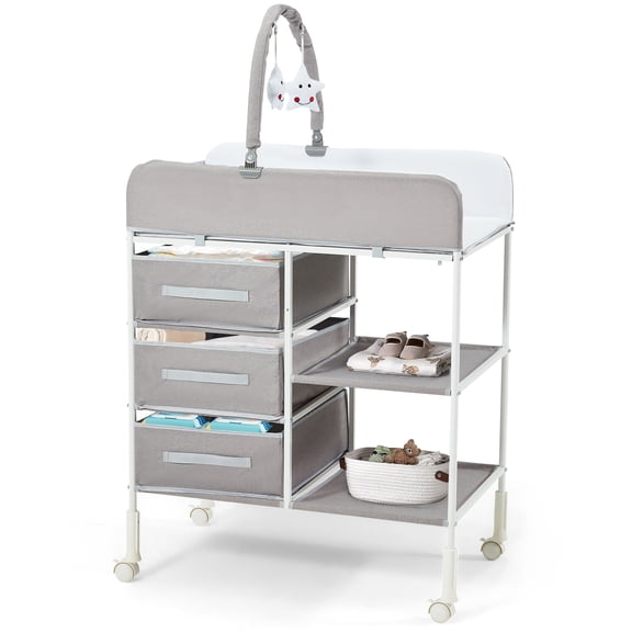 HOMMOW Baby Changing Table, Diaper Changing Table with Waterproof Pad, Portable Changing Table with 3 Storage Baskets and Toy, Mobile Nursery for Infant and Newborn