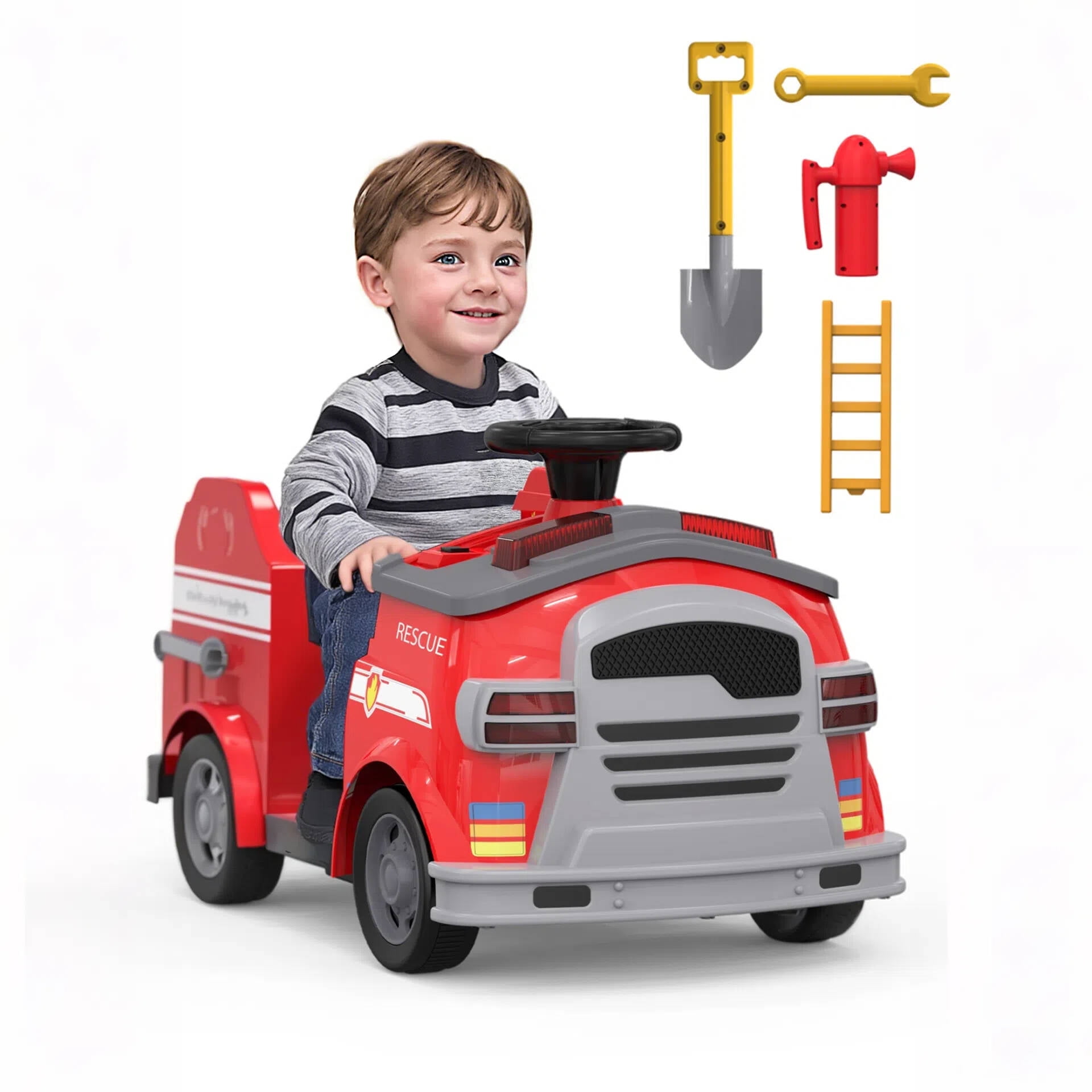 Qaba Qaba 12V Ride on Fire Truck with Siren, Lights, Soft Start, Horn Music, Red