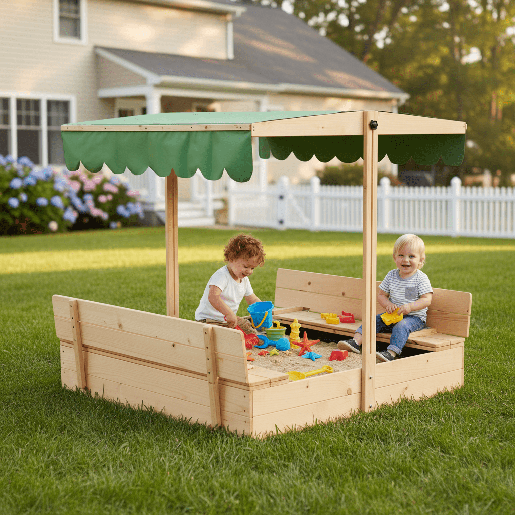 HOMMOW Wooden Sandbox with Lid, with Adjustable Canopy for Outdoor