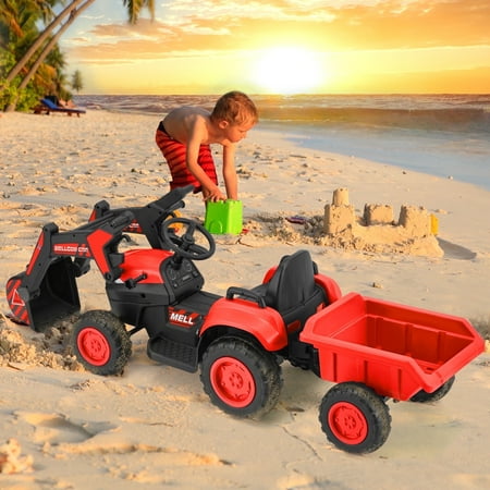 HOMMOW Ride on Excavator Toys with Remote Control, 12 V Battery Powered Ride on Tractor with Trailer, Digger, Lights, Horn, Safety Belt, Music Player, Red