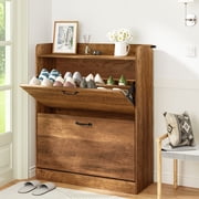 HOMMPA Shoe Cabinet with 2 Flip Drawers, Farmhouse Wood Shoe Storage Cabinet,5-Tier Customizable Storage Freestanding Narrow Shoe Rack Organizer with Metal Legs