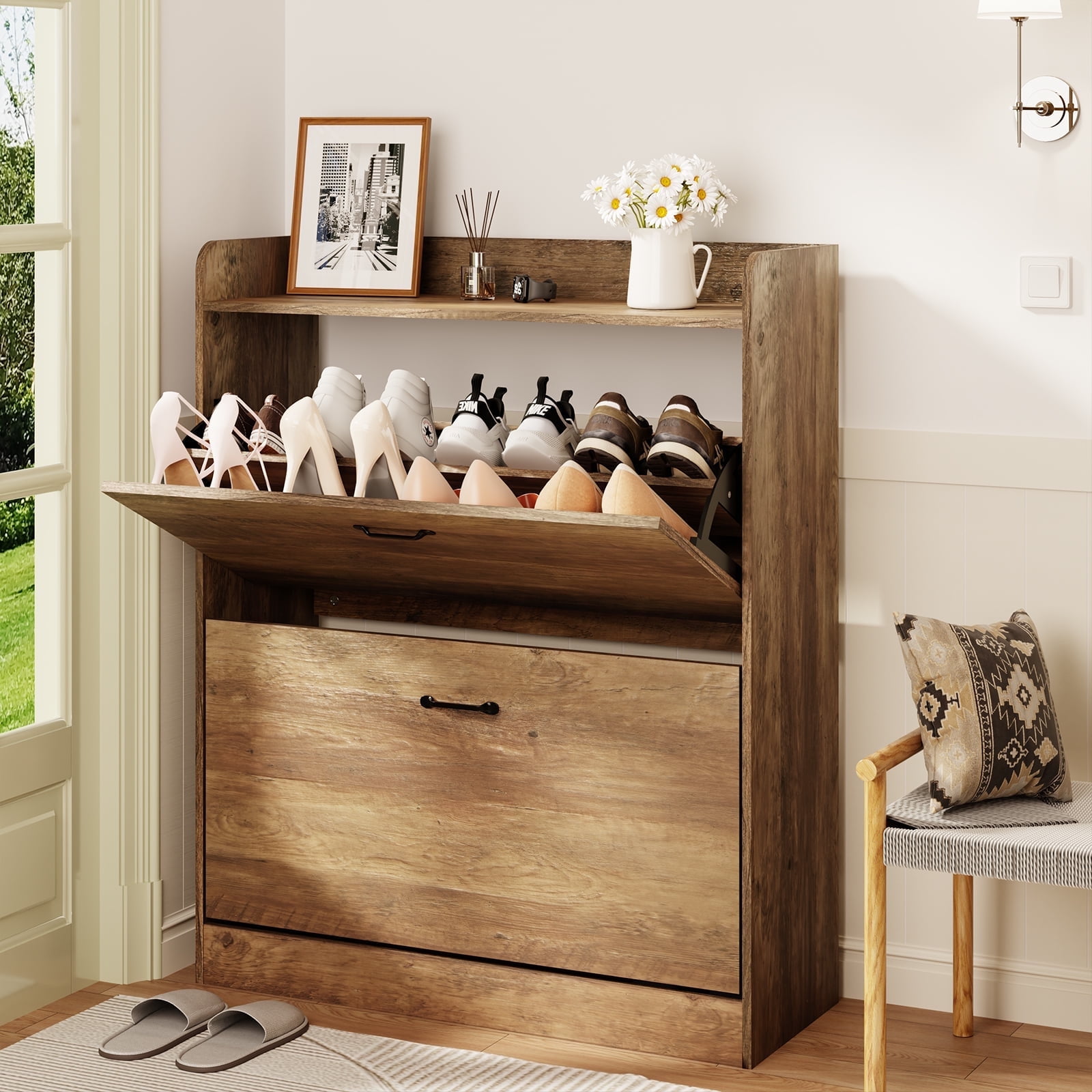 HOMMPA Shoe Cabinet with 2 Flip Drawers, Farmhouse Wood Shoe Storage Cabinet,5-Tier Customizable Storage Freestanding Narrow Shoe Rack Organizer with Metal Legs for Entryway, Hallway, Brown