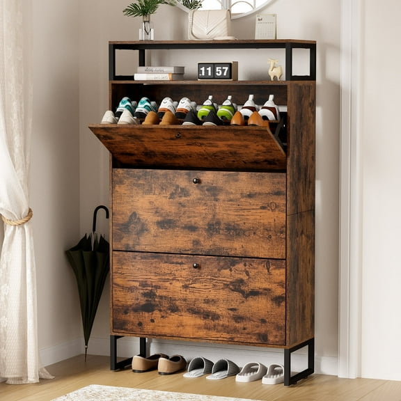 HOMMPA Shoe Cabinet with 3 Flip Drawers,Industrial Wood Shoe Storage Cabinet 8-Tier Customizable Storage Freestanding Narrow Shoe Rack Organizer with Metal Legs for Entryway, Hallway,Brown